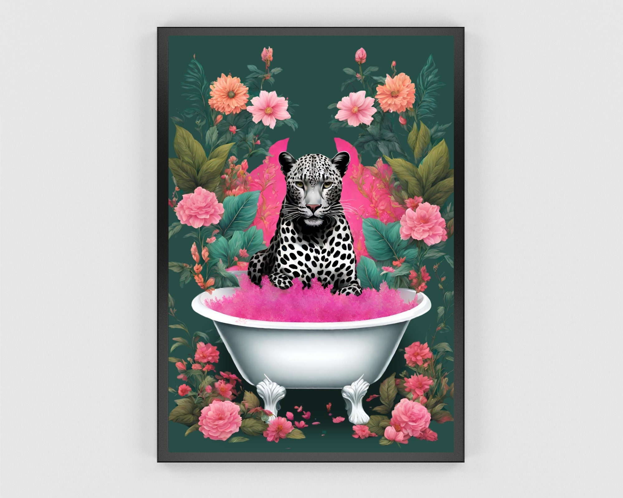 Black Leopard Bathtub Art Print Leopard in A Bath Wall Art Tropical ...