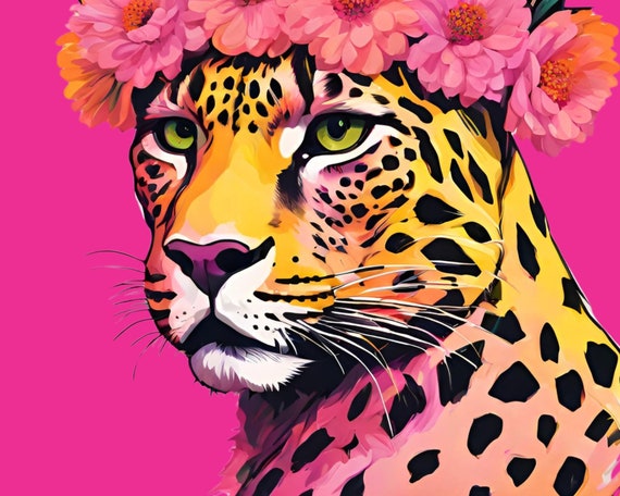 Flower Crown Leopard Cheetah Print, Colourful Leopard Wall  display picture 1