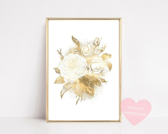 Flower Print, Botanical Print, Gold Wall Art, Gold Print, Printable Art , Wall Art, Instant Download, Digital Download, Wall Decor, Poster