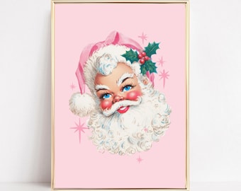 Retro Santa Claus Wall Art Cute Pink Santa Poster Vintage Christmas Art Printable Holiday Decor Trendy Christmas Wall Decor Digital Download