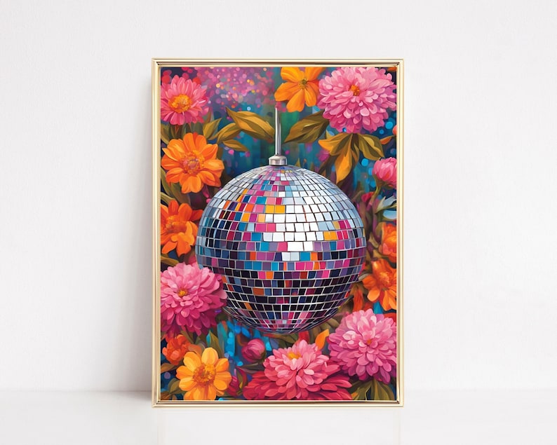 Botanical Disco Ball Poster Maximalist Printable Disco Ball Art Print Colorful Retro Dopamine Art Trendy Vintage Eclectic Disco Wall Decor