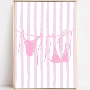 Pink Bikini Clothesline Wall Art Bikini Beach Art Print Preppy Coastal Prints Girly Beach Dorm Room Decor Summer Beachy Digital Download