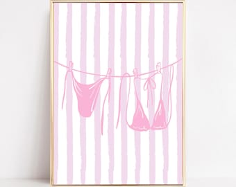 Pink Bikini Clothesline Wall Art Bikini Beach Art Print Preppy Coastal Prints Girly Beach Dorm Room Decor Summer Beachy Digital Download