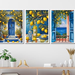 Set Of 3 Mediterranean Italy Lemon Wall Art Italy Coastal Art Print Set Amalfi Travel Posters Retro Italian Kitchen Prints Rustic Lemon Art