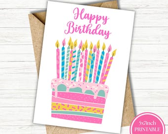 Printable Birthday Card Birthday Card Digital Download Digital Greeting Card Funny 5x7 Birthday Card With Cake and Candles Instant Download