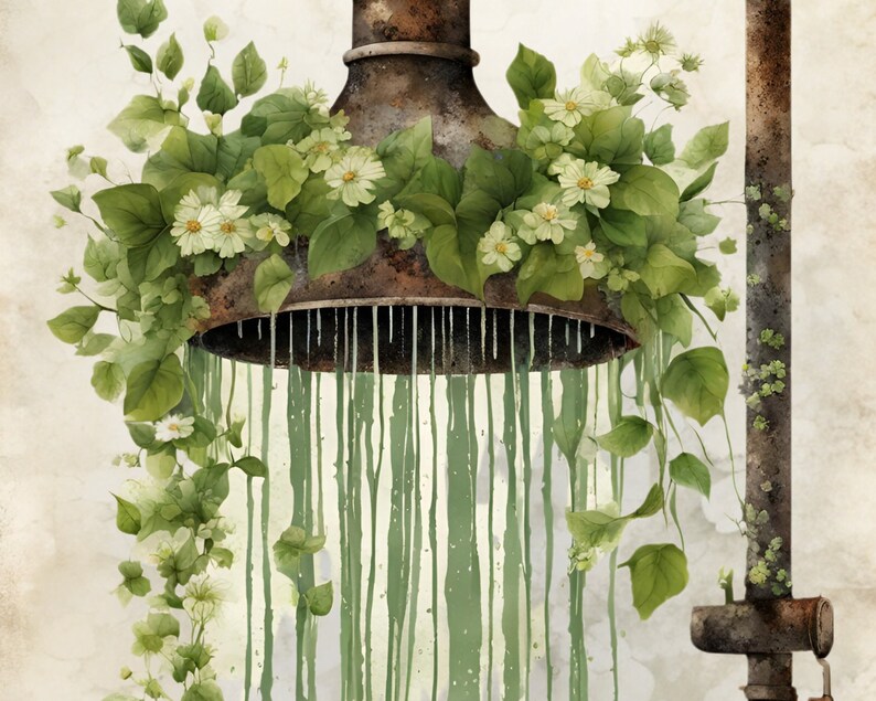 Op de afbeelding: Een roestige douchekop met groene wijnstokken en witte bloemen die eromheen groeien. Water druppelt uit de douchekop.