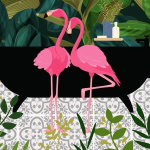 Green Bathroom Prints, Tropical Bathroom Wall Art, Botanical Bath Print, PRINTABLE, Pink Flamingos, Flamingo Bathroom Prints, Bathroom Decor image 2