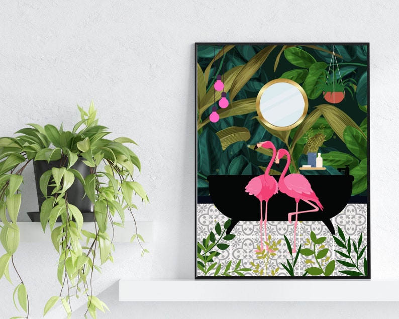 Green Bathroom Prints, Tropical Bathroom Wall Art, Botanical Bath Print, PRINTABLE, Pink Flamingos, Flamingo Bathroom Prints, Bathroom Decor image 5