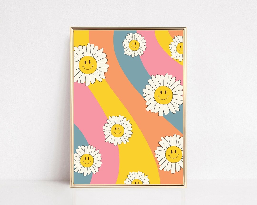 Smiley Face Art Print, Smiley Face Poster, Flower Power Wall Art, Art rétro coloré, Groovy Hippie 70s Poster, Y2K Aesthetic, vintage Art