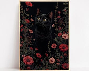 Black Cat Wall Art Floral Black Cat Print Vintage Dark Academia Printable Poster Gothic Cat Painting Cottagecore Decor Digital Download