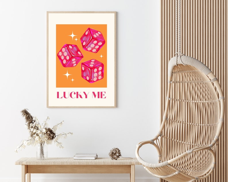 Lucky Me Wall Art Print, Lucky You Decor, Pink Red Dice, College Apartment Aesthetic, Lucky Girl Syndrome, Trendy Retro Art, Printable Art image 6