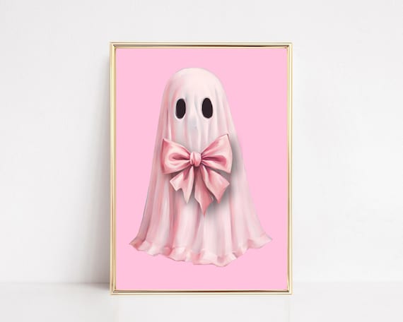 Pink Ghost Wall Art Print Pink Bow Ghost Printable Cute Ghost Painting Coquette Aesthetic Halloween Decor Preppy Trendy Girly Digital Art
