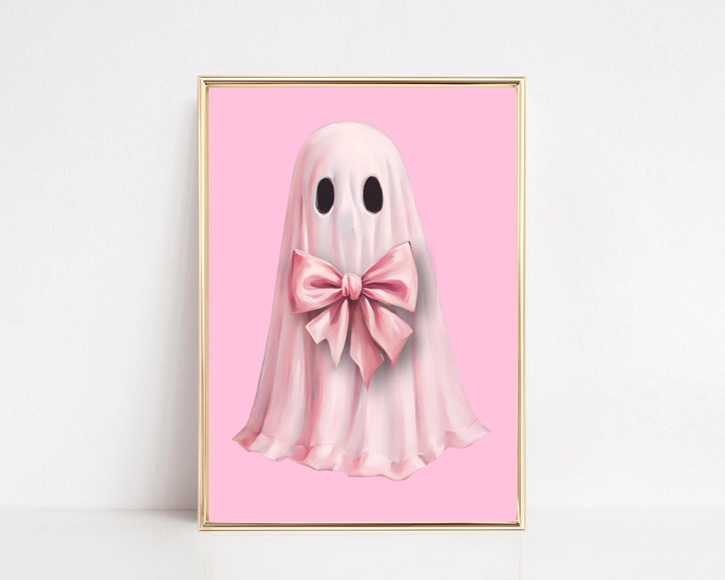 Pink Ghost Wall Art Print Pink Bow Ghost Printable Cute Ghost Painting Coquette Aesthetic Halloween Decor Preppy Trendy Girly Digital Art