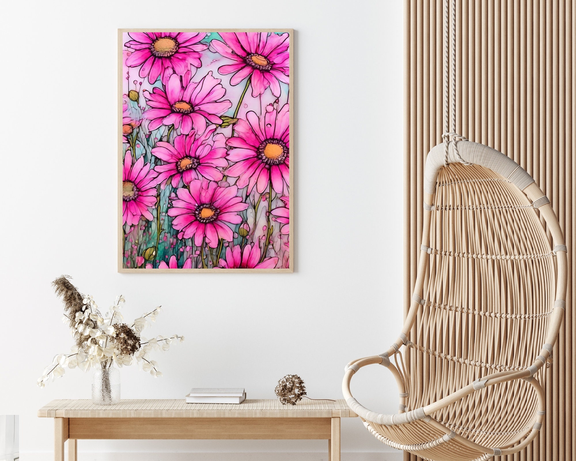 Pink Daisy Print Pink Daisy Flower Art Print Colorful Pink Daisy Wildflower Print ...