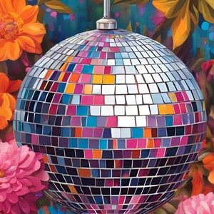 May include: A silver disco ball with mirrored tiles in shades of pink, blue, and orange, surrounded by colorful flowers.
