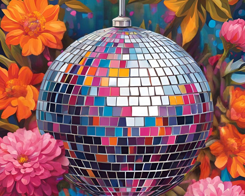 May include: A silver disco ball with mirrored tiles in shades of pink, blue, and orange, surrounded by colorful flowers.