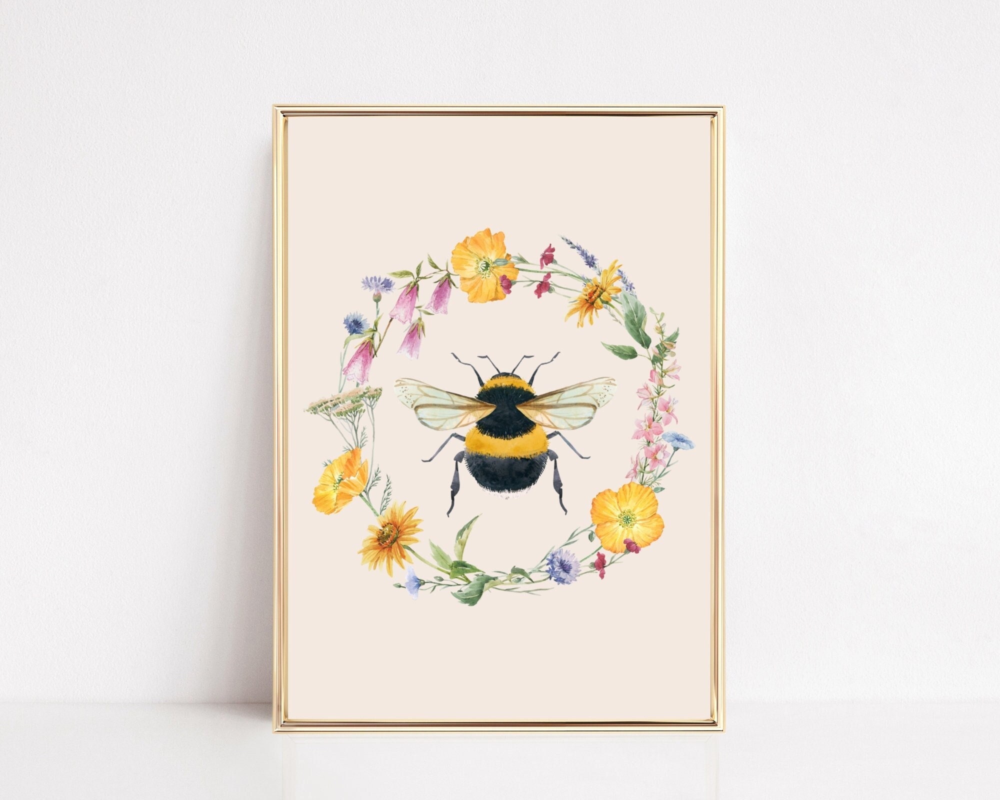Bumble Bee Art Print,  Botanical Bee Wall Art, Spring Summer Sunflowers Printable, Bee Happy Poster, Wildlife Beehive Art, Cottage Core