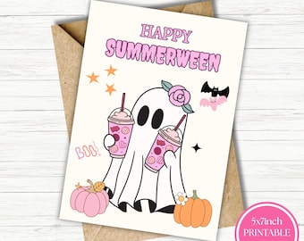 Summerween Printable Card Printable Halloween Card Happy Halloween Card Cute Ghost Pumpkin Pastel Spooky Summer Card 5 x 7 Digital Download