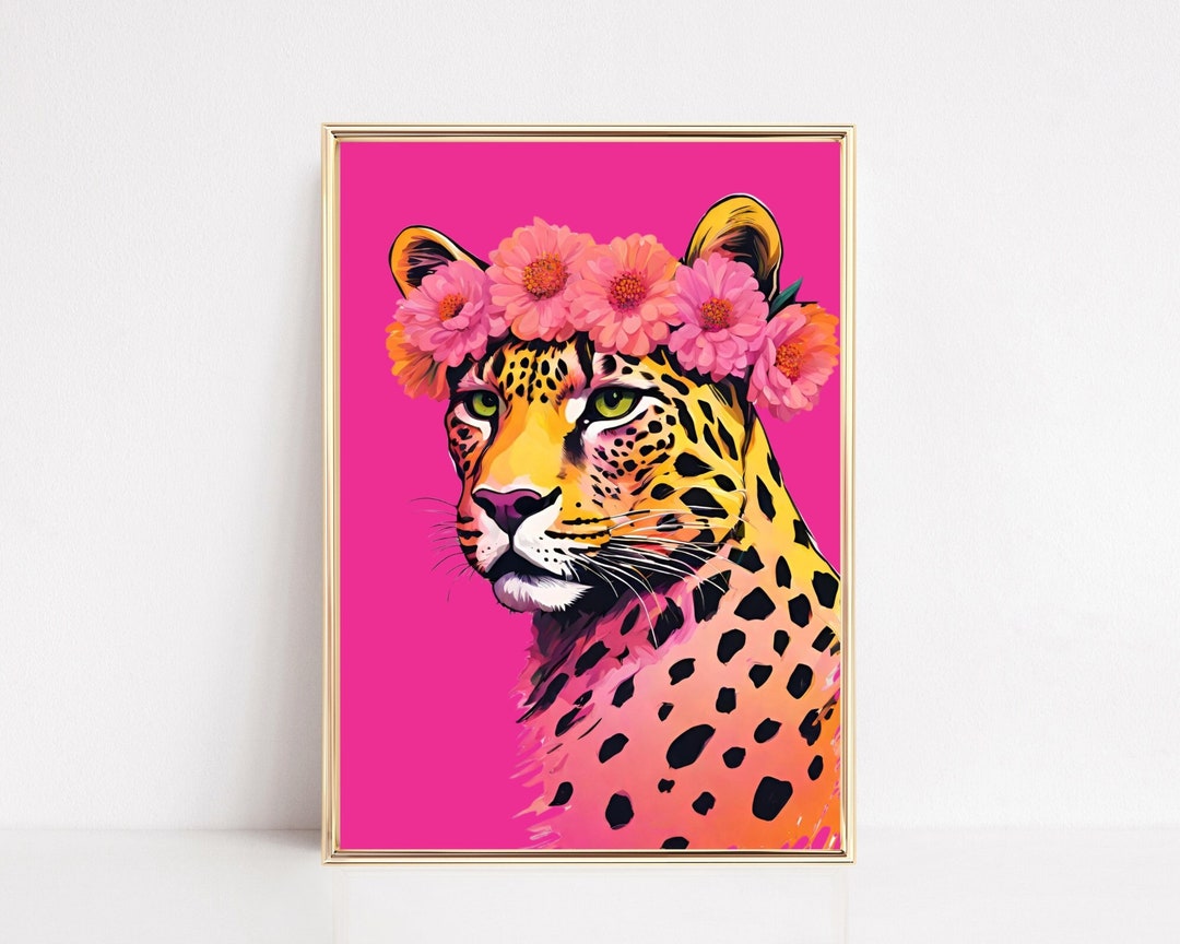 Flower Crown Leopard Cheetah Print, Colourful Leopard Wall Art