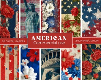 America Digital Paper JPG 4th Of July Backgrounds USA Stars Stripes Junk Journal Pages Red White Blue Vintage Patriotic Scrapbook Papers