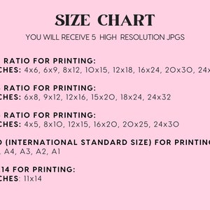 Pode incluir: Uma tabela de tamanhos rosa e branca para imprimir downloads digitais. A tabela lista as diferentes propor&ccedil;&otilde;es e as medidas em polegadas correspondentes para imprimir. A tabela tamb&eacute;m inclui tamanhos padr&atilde;o ISO para imprimir: A5, A4, A3, A2, A1. A tabela inclui uma op&ccedil;&atilde;o de 11x14 polegadas.