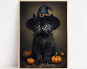 Black Cat Art Print Gothic Halloween Printable Wall Art Witchy Black Cat Poster Dark Academia Vintage Witch Cat Painting Cottagecore Decor