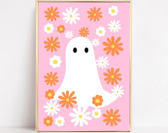 Halloween Wand Kunst druckbare süße Geist Druck Halloween Wand Dekor Pastell rosa Halloween-Dekorationen Gruselige Kunstdrucke Digital Download