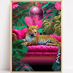 Leopard Lounging On A Sofa Art Print Leopard Wall Art Luxury Leopard Sofa Art Maximalist Wall Decor Leopard Portrait Painting Dopamine Decor