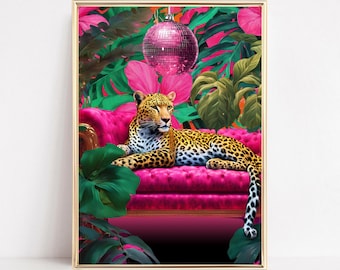 Leopard Lounging On A Sofa Art Print Leopard Wall Art Luxury Leopard Sofa Art Maximalist Wall Decor Leopard Portrait Painting Dopamine Decor