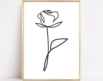 Rose Flower Line Art Print Minimal Flower Line Wall Art Rose Line Drawing One Line Flower Print Botanical Wall Art Printable Line Floral Art