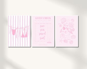 Pink Coastal Wall Art Set Of 3 Trendy Coastal Print Set Beach Prints Shells Bikini Printable Art Beachy Decor Preppy Summer Art Prints