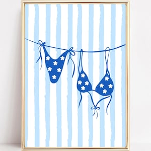 Blue Bikini Hanging Wall Art Beachy Blue Coastal Poster Bikini On A Clothesline Print Coastal Cowgirl Decor Preppy Trendy Summer Aesthetic