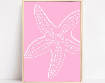 Impresión artística de estrellas de mar, arte de pared costero rosa, decoración de casa de playa, impresiones playeras de moda, pintura de conchas marinas, póster preppy del océano, arte de pared imprimible