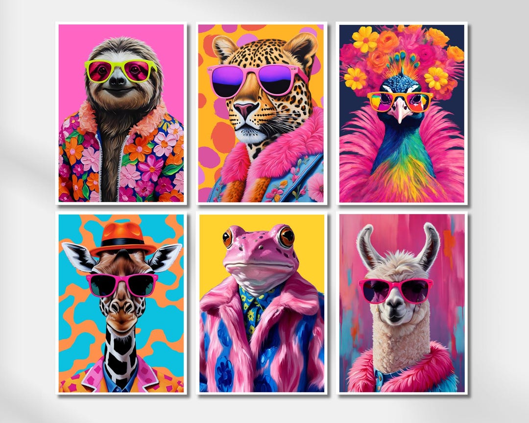 Animal Fashion Art Prints Set of 6 Funky Animal Portraits Cute Hipster ...
