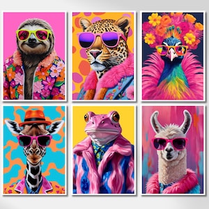 Animal Fashion Art Prints Set Of 6 Funky Animal Portraits Cute Hipster Preppy Wall Art Eclectic Animal Gallery Wall Aet Maximalist Printable