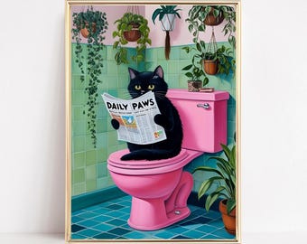 Impresión artística de gato para baño, arte de pared de gato negro en el inodoro, póster de gato haciendo caca, impresión divertida de gato para baño, decoración de baño, imagen de gato, arte imprimible