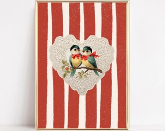 Vintage Valentine Lace Emboidery Heart Print Romantic Coquette Love Birds Wall Art Red Striped Crochet Valentines Poster Digital Download
