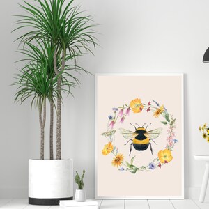 Bumble Bee Art Print, Botanical Bee Wall Art, Spring Summer Sunflowers Printable, Bee Happy Poster, Wildlife Beehive Art, Cottage Core image 3