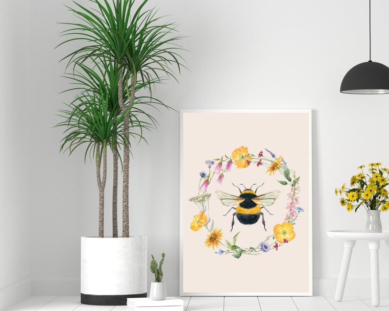 Bumble Bee Art Print, Botanical Bee Wall Art, Spring Summer Sunflowers Printable, Bee Happy Poster, Wildlife Beehive Art, Cottage Core image 3