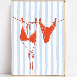 Red Bikini Art Print Preppy Coastal Cowgirl Wall Art Coquette Coastal Grandaughter Poster Bikini On Clothesline Trendy Printable Wall Art