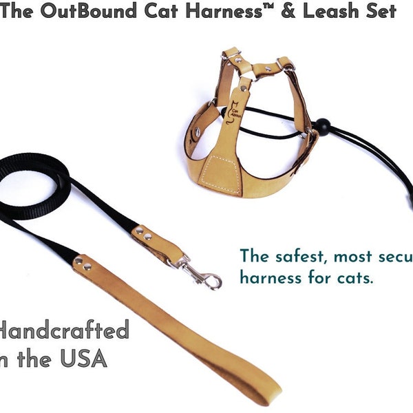 The OutBound Cat (and kitten) Harness™ & Leash -  bridle leather, adjustable, custom sizes for ALL cat sizes, prevents back out