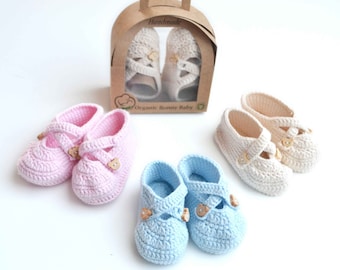 GOTS Handmade 100/% Organic Cotton Hand Knitted Baby Gift Baby Shower Idea Crochet Baby Shoes