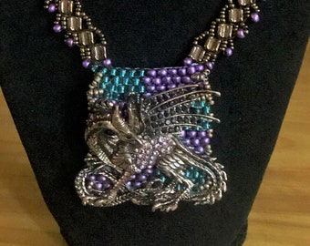 Cosplay, Boho, Dragon Pendant Handwoven Purple, Bronze and Turquoise Beaded Necklace