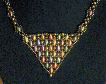 Boho Jewel-tone and Copper Handwoven Beaded Necklace with Pendant