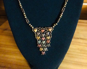 Boho, Beaded Necklace in Jewel-Tone and Copper with Pendant, Handwoven