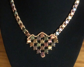 Boho Jewel-tone Gold and Bronze Handwoven Beaded Necklace with Pendant