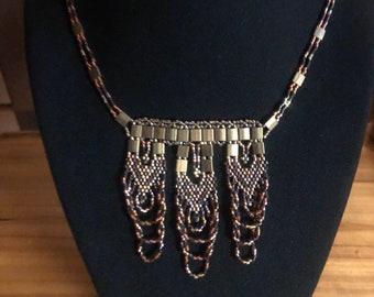 Eclectic, Boho, Romantic Handwoven Beaded Necklace in Gold, Brown, Copper, and Rust with Pendant.