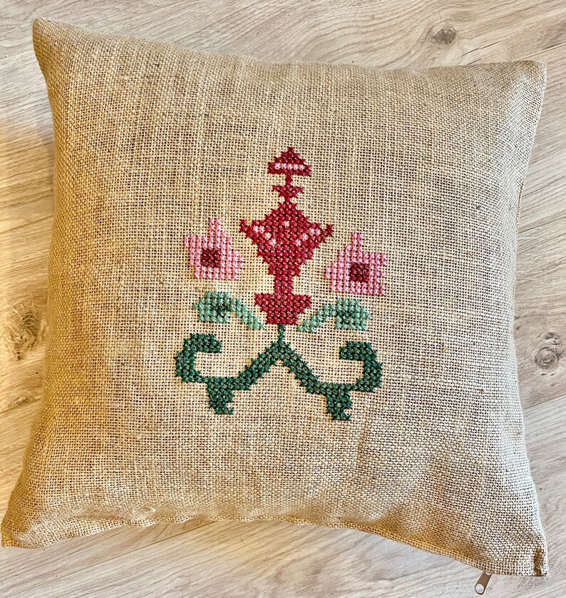 Needlepoint Square Beige Pillow Case Hand Embroidered Burlap Pillow Cases Rustic Decorative Cushion Cover Vintage Outdoor Throw Pillow