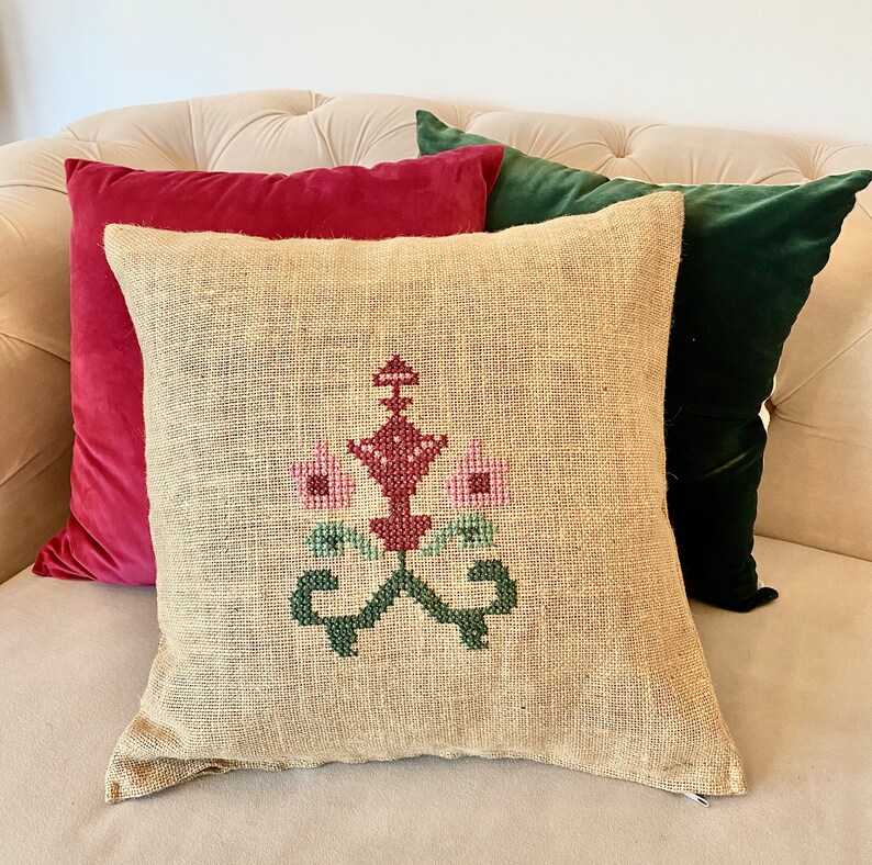 Needlepoint Square Beige Pillow Case Hand Embroidered Burlap Pillow Cases Rustic Decorative Cushion Cover Vintage Outdoor Throw Pillow