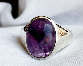 Oval Amethyst Men&#39;s Ring: Handmade 925 Sterling Silver Statement Ring